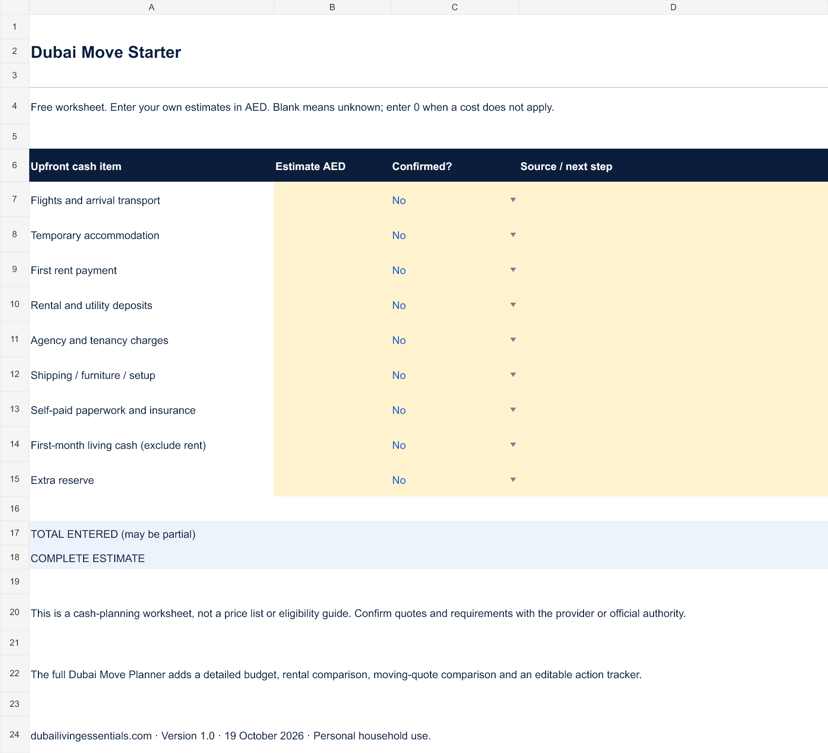 Preview of the free Dubai Move Starter budget worksheet